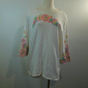 Bob Mackie Creamy White Embroidered Flora Knit Top Size 1X